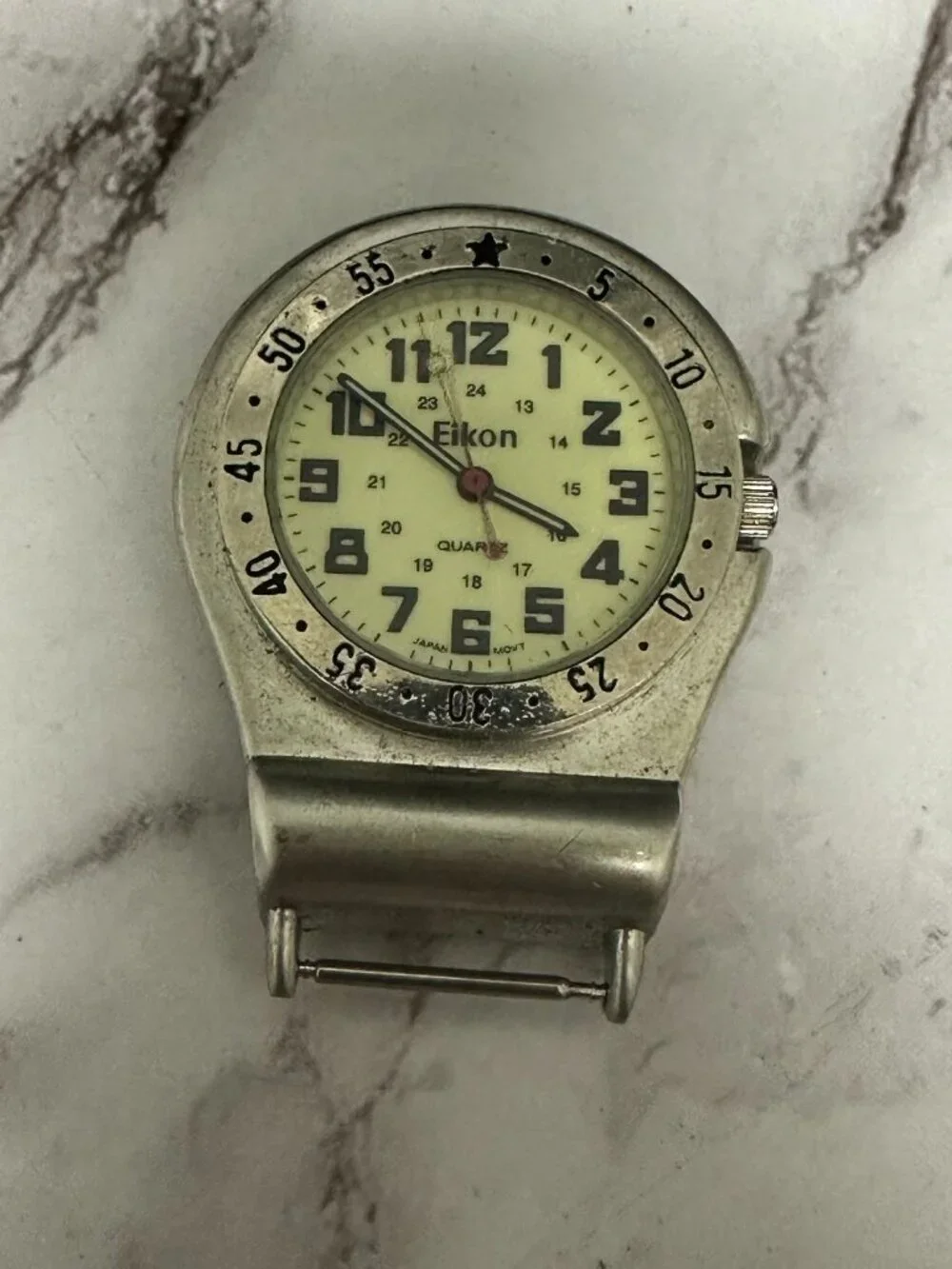 3/$30 Eikon Clip On Watch Mens Silver Tone Yellow Dial 36MM No Band New Battery
